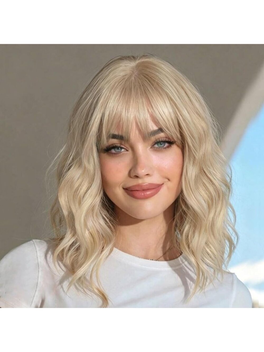 14 inch Women's Fashion Platinum Blonde Soft Short Bob Curly Wig with Bangs